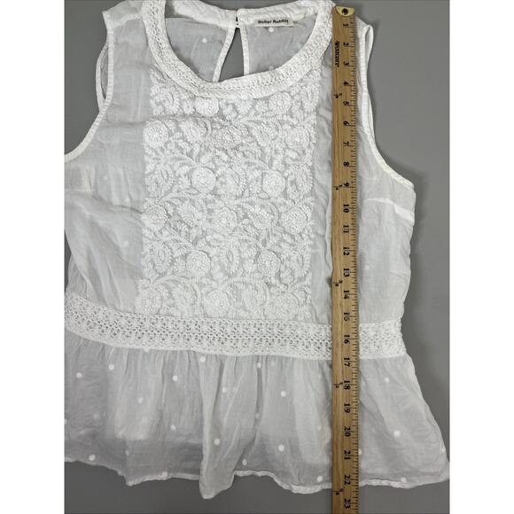 Roller Rabbit Embroidered Top Womens Large White Gauzy Ruffle Coastal Slit Back - Picture 7 of 11